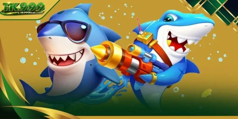 Four hunters sharing a screen while targeting a massive shark